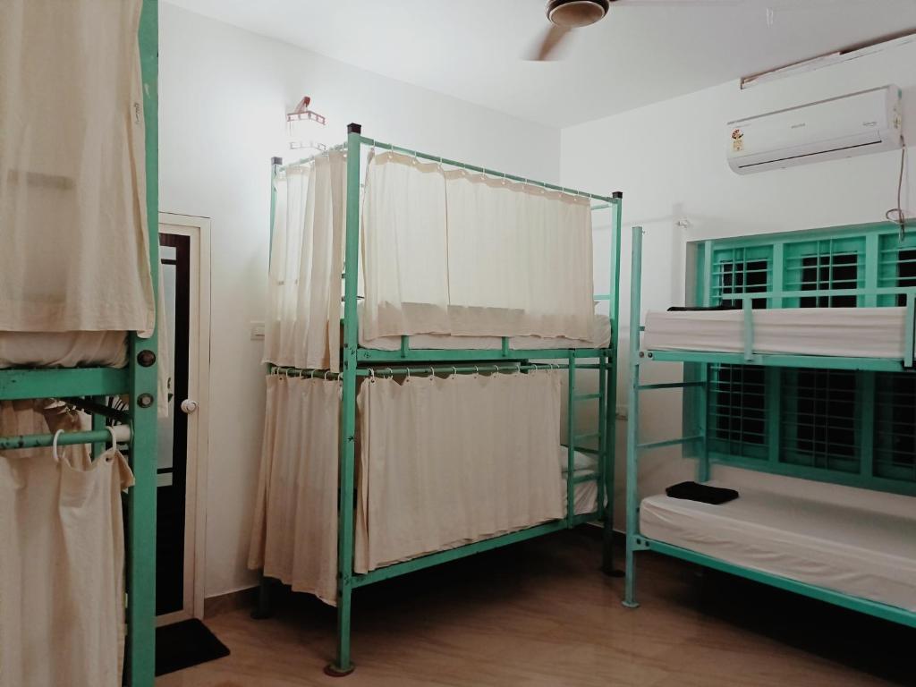 瓦尔卡拉Molly's Hostel的客房设有三张双层床和一扇窗户。