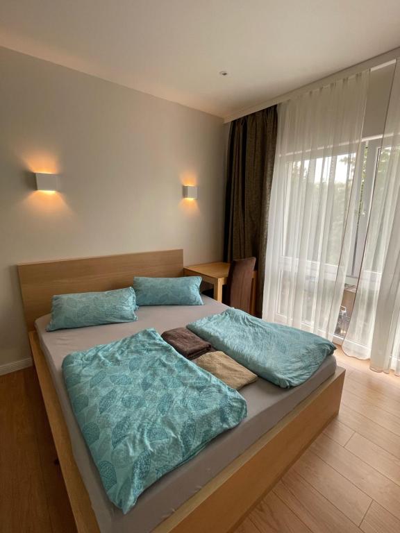 柏林Secret Studio Lux SPECIAL OFFER的一间卧室配有一张带蓝色枕头的大床