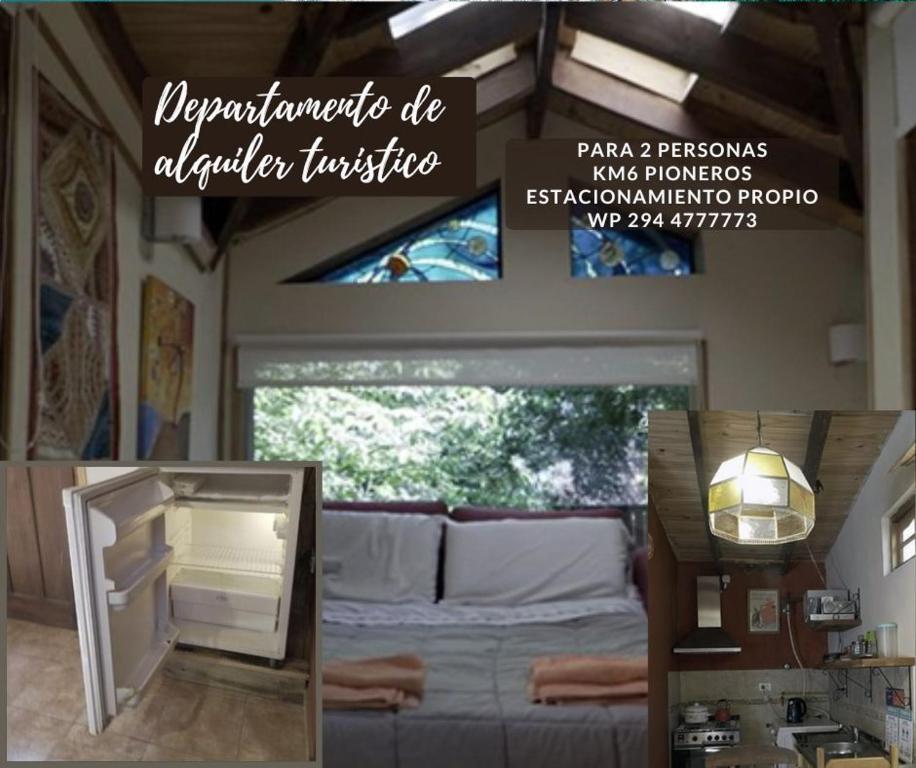 圣卡洛斯-德巴里洛切Cabaña entre Arboles的连在一起的房间,配有沙发和窗户
