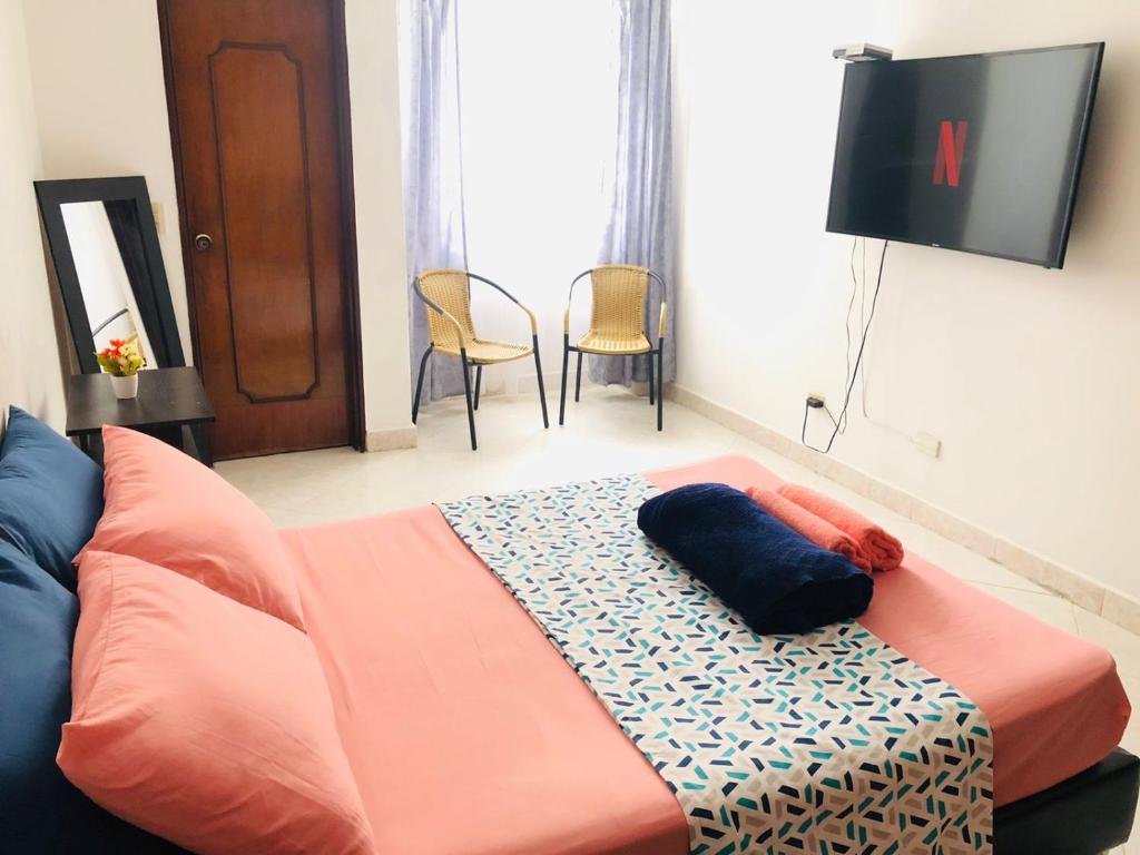 麦德林M&N Alojamiento es una habitación en un apto的一间卧室配有一张床和一台平面电视