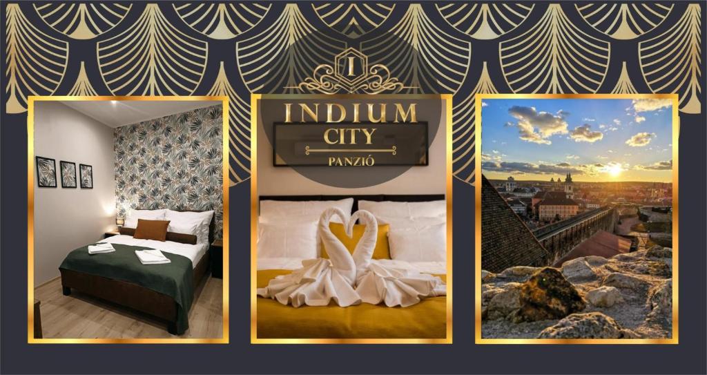 埃格尔Indium City Panzió的酒店房间三张照片的拼贴画