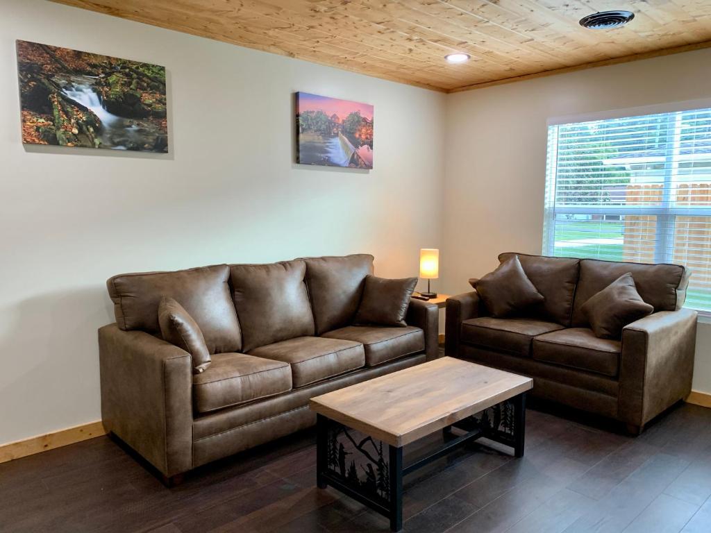 鸽子谷High Valley Apartments的客厅配有两张真皮沙发和一张茶几