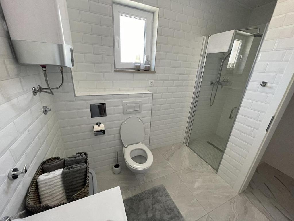 NerežišćeIsland Brac - Villa Vita的白色的浴室设有卫生间和淋浴。
