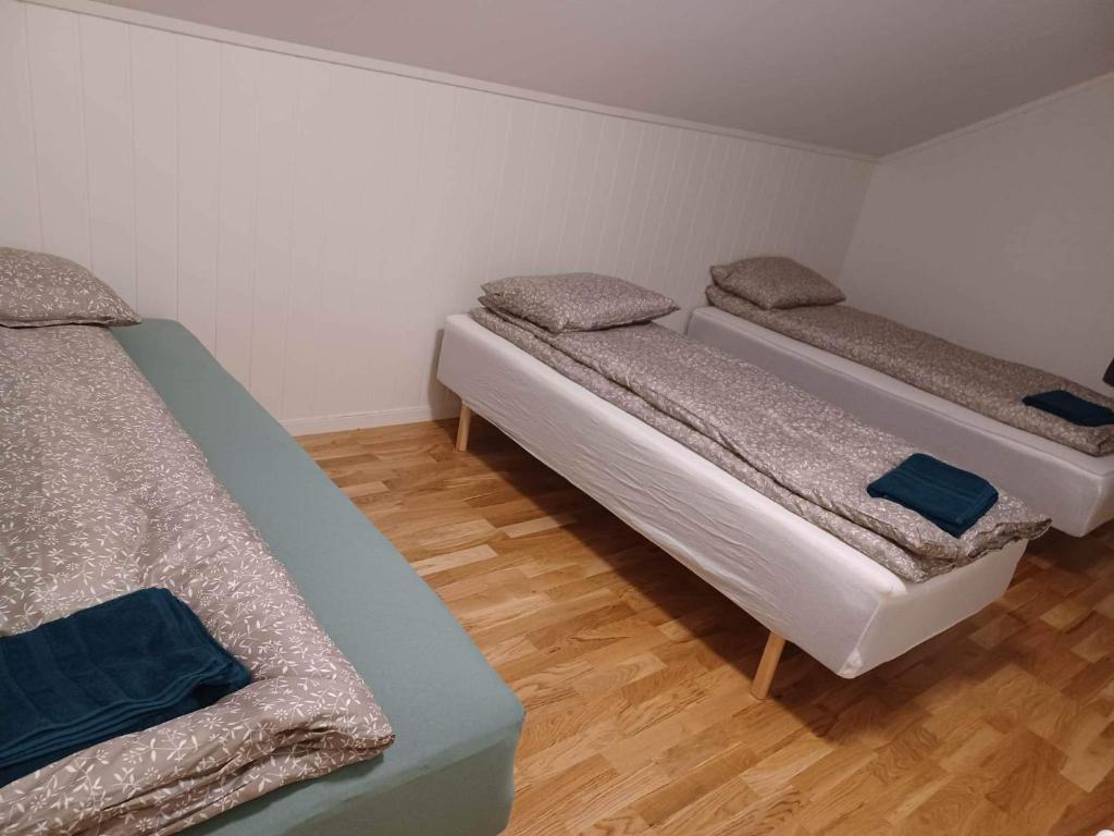 特罗姆瑟FeelHome apartment In Tromsdalen的铺有木地板的客房内的三张床