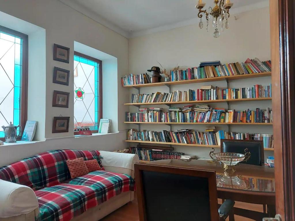 萨尔塔La Cara Oculta de Salta, bed and breakfast的客厅配有沙发和书架,书架上装满了书籍