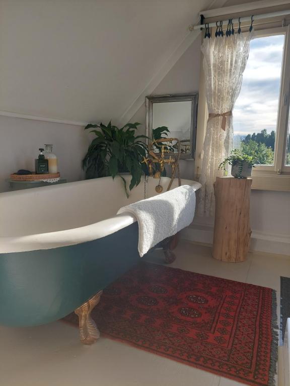 SimondiumKimi's Cottage的带浴缸和地毯的浴室