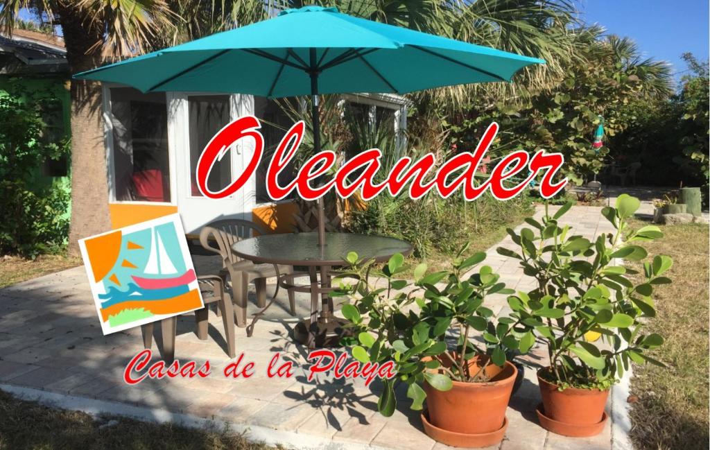 弗拉格勒海滩Oleander Cottage- in the Heart of Flagler Beach and steps to the Beach!的一张桌子,上面有雨伞和一些植物