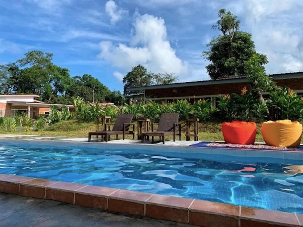 瓜埠Langkawi Rouhi Retreats By VP的一个带椅子和桌子的大型游泳池