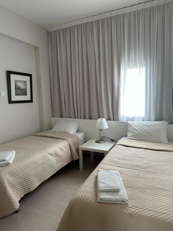 尼科西亚艺术之家迷你公寓酒店的酒店客房设有两张床和窗户。
