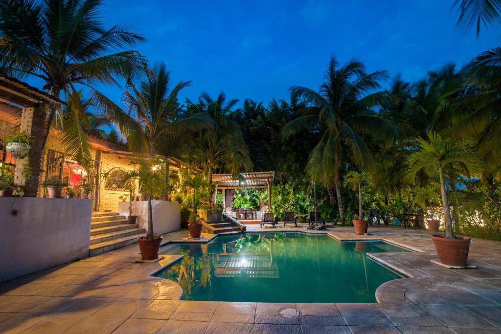 拉利伯塔德Casa Sunzal的棕榈树后院的游泳池