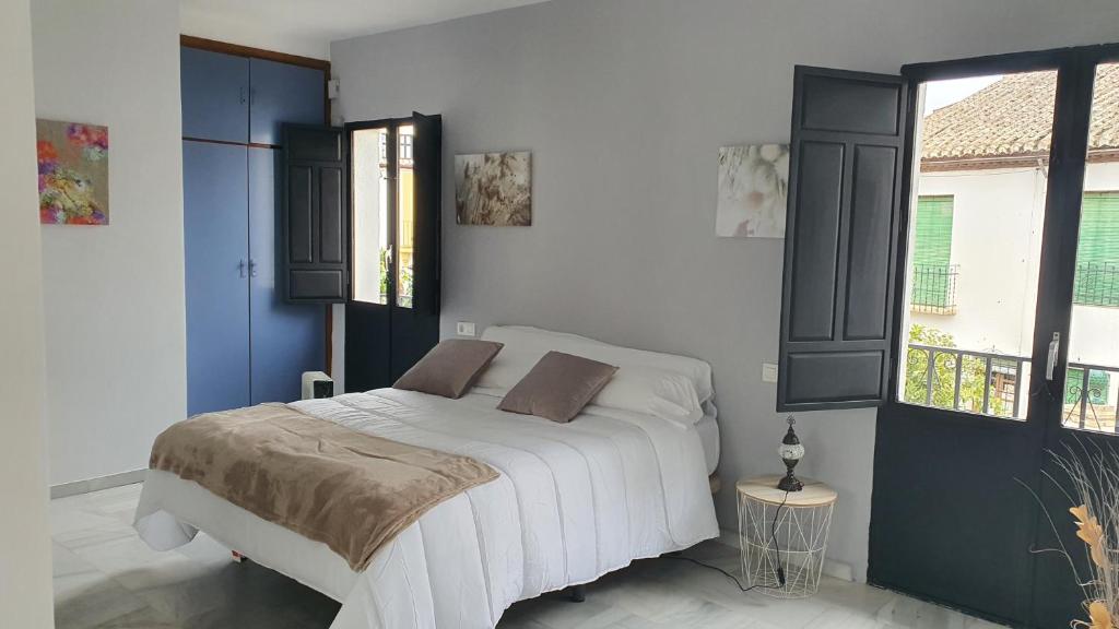 格拉纳达CASA MORENA MiA APARTAMENTOS的卧室配有白色的床和2扇窗户。