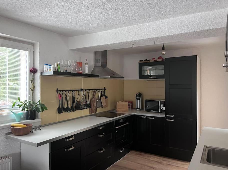 ChyšeChata s panoramatickou saunou的厨房配有黑色橱柜和白色台面