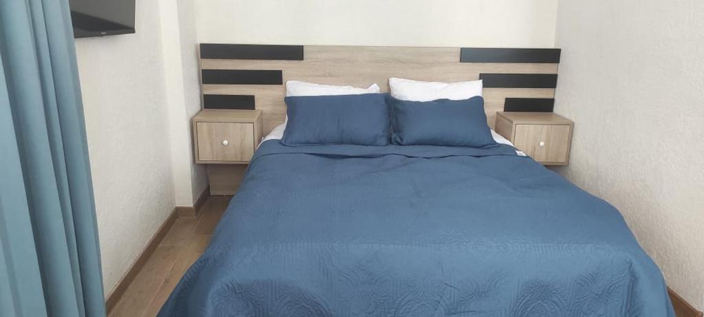 巴库里阿尼Nias's Apartment in Bakuriani的一间卧室配有蓝色的床、蓝色床单和枕头