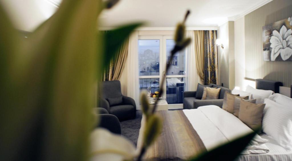 安卡拉卡扎套房酒店的带沙发和大窗户的客厅