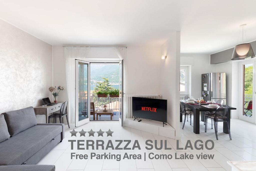 莱科TERRAZZA SUL LAGO - Open Space e Netflix的带沙发和壁炉的客厅