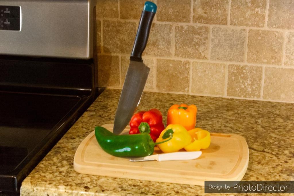 大学城Amazin All-inclusive Apartment! A的刀子和蔬菜在柜台上的切板上