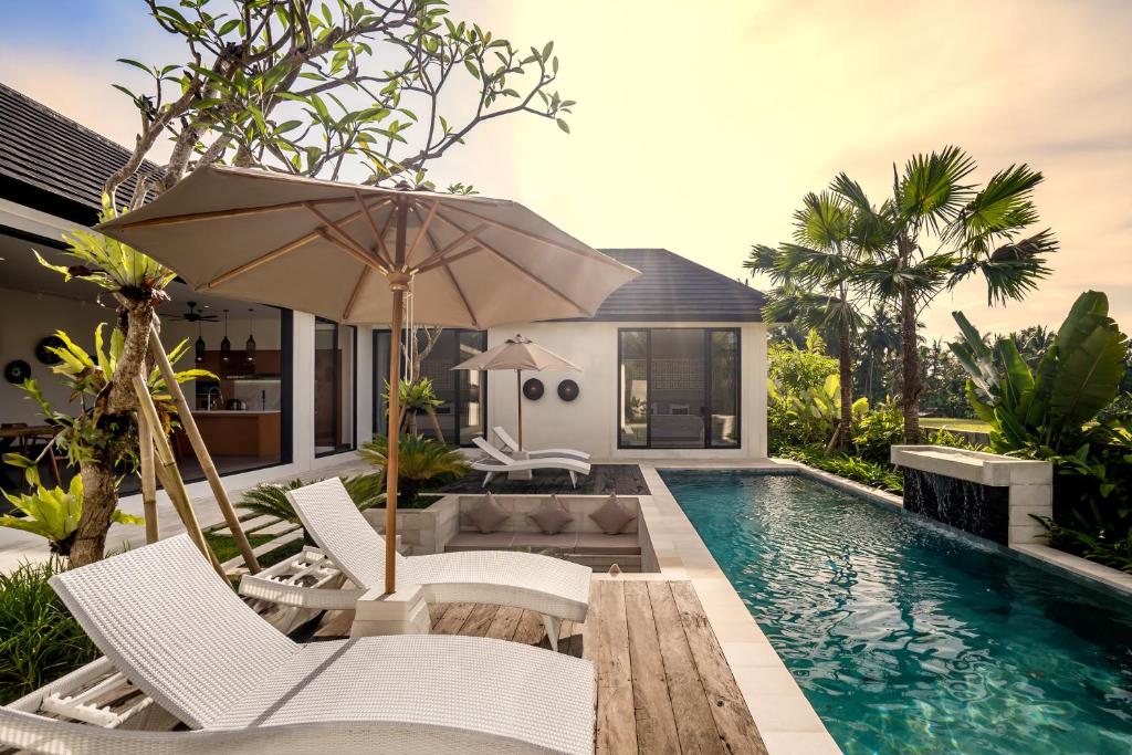 乌布Villa Griya Dedari by BaliSuperHost的房屋旁的游泳池配有椅子和遮阳伞