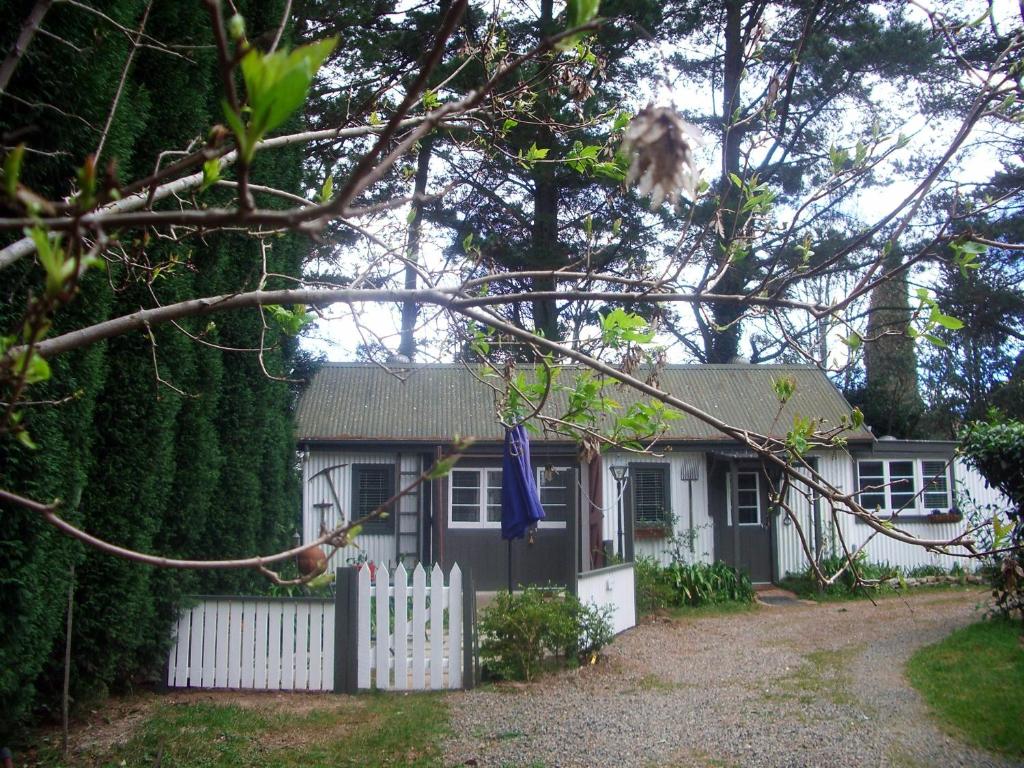 波拉尔德文郡长仓度假屋的白色的房子,有白色的栅栏和树木
