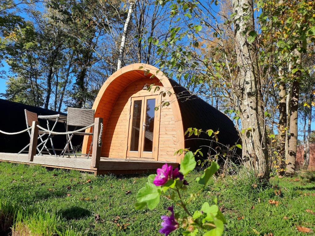 Silberstedt28 Premium Camping Pod的一座小冰屋,位于一片树木繁茂的田野中
