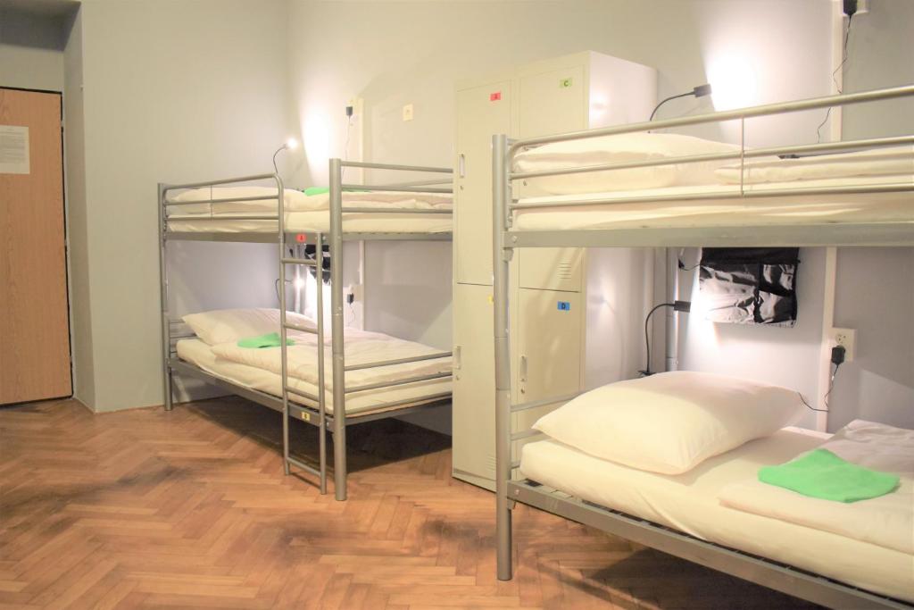 布拉格GLOBE Hostel Prague ADULTS ONLY的铺有木地板的客房内设有三张双层床。
