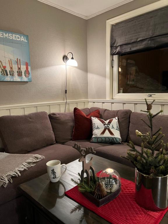 海姆瑟达尔Hyggelig leilighet i sentrum的客厅配有沙发和桌子上的圣诞树