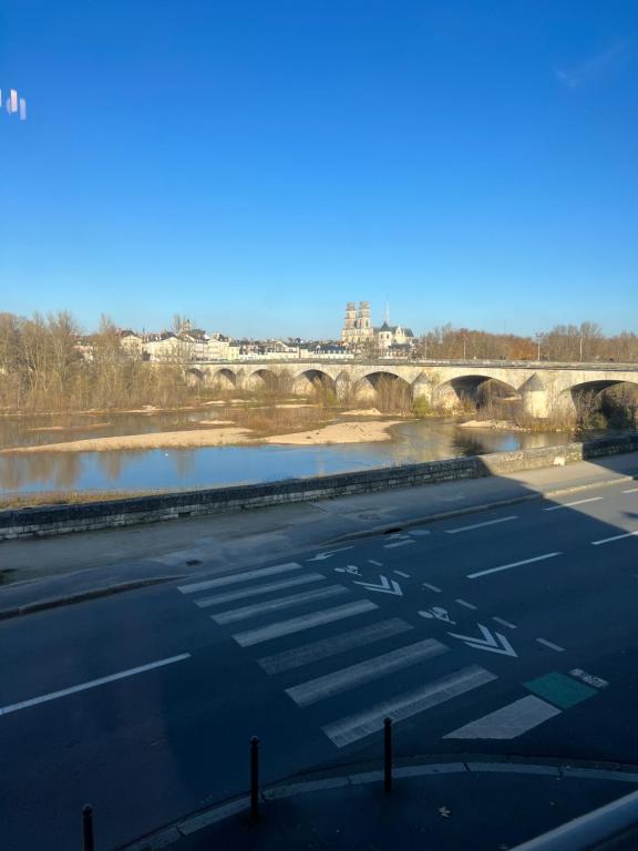 奥尔良Cosy Loire, T2 neuf, front de Loire ,vue cathédrale,5min à pied centre ville et parking privé的享有河流的景色,后方是一座桥