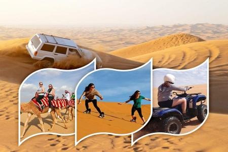 迪拜Desert Safari Dubai Tour Chemist的一群人骑着沙漠中的骆驼