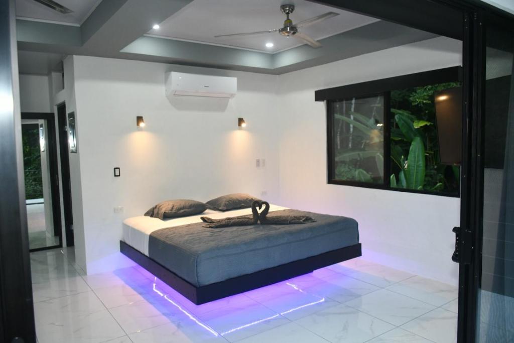 乌维塔Casa Proa的卧室配有一张带灯光的床,位于地板上