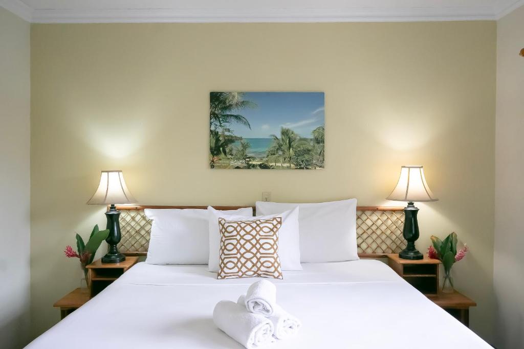 博卡斯德尔托罗格兰巴伊亚酒店的一间卧室配有一张带两盏灯的大型白色床。
