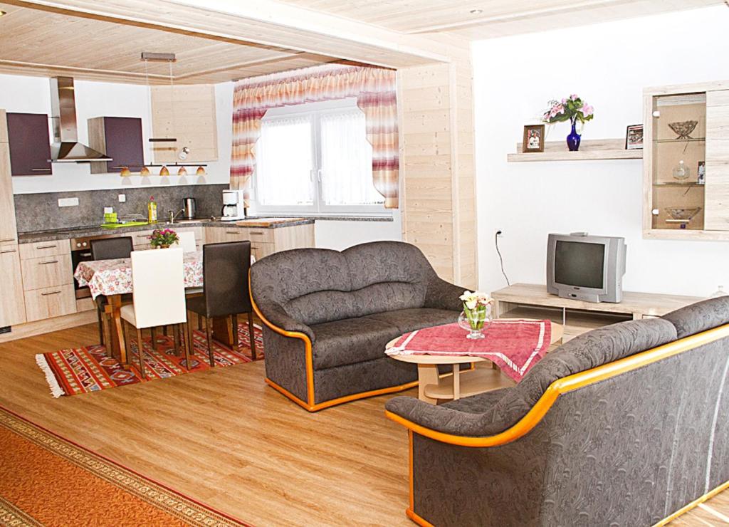 塞尔布Ferienwohnung Ahne的一间带两张沙发的客厅和一间厨房