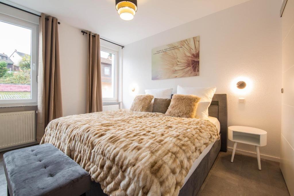 萨尔布吕肯Luxury Saarbrücken 4的一间卧室设有一张大床和一个窗户。
