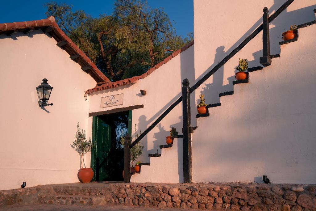 莫利诺斯Hacienda de Molinos Hotel的白色的建筑,有门和楼梯,有植物
