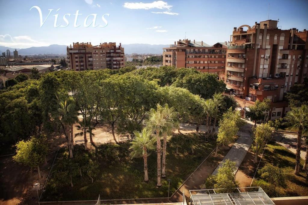 穆尔西亚Piso ideal con WIFI Parking y Desayuno的享有棕榈树和建筑的城市美景