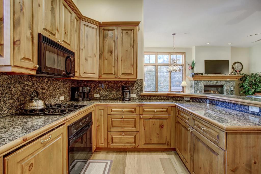 爱德华兹Arrowhead Village E9VT的厨房配有木制橱柜和台面