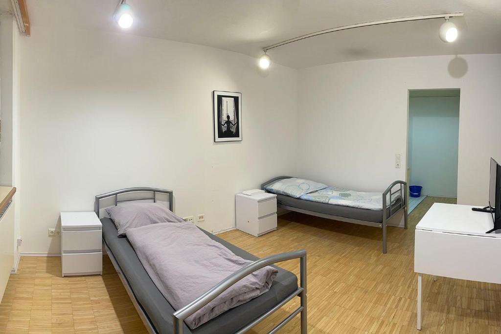 茨魏布肯Fully Equipped Apartment的一间医院间,配有两张床和镜子
