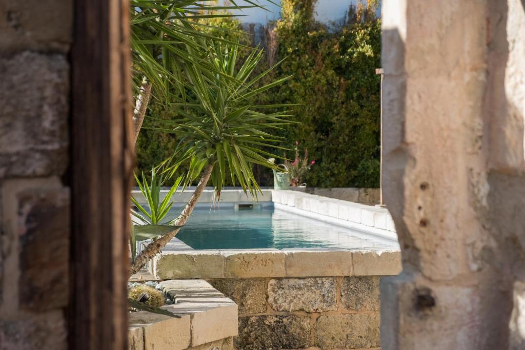 GiuggianelloAntica Dimora Giardini Segreti的庭院中棕榈树的游泳池