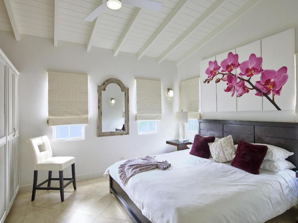 布里奇敦增布雷克 - 安尼德尔宽敞公寓的一间卧室配有一张带紫色枕头和镜子的床