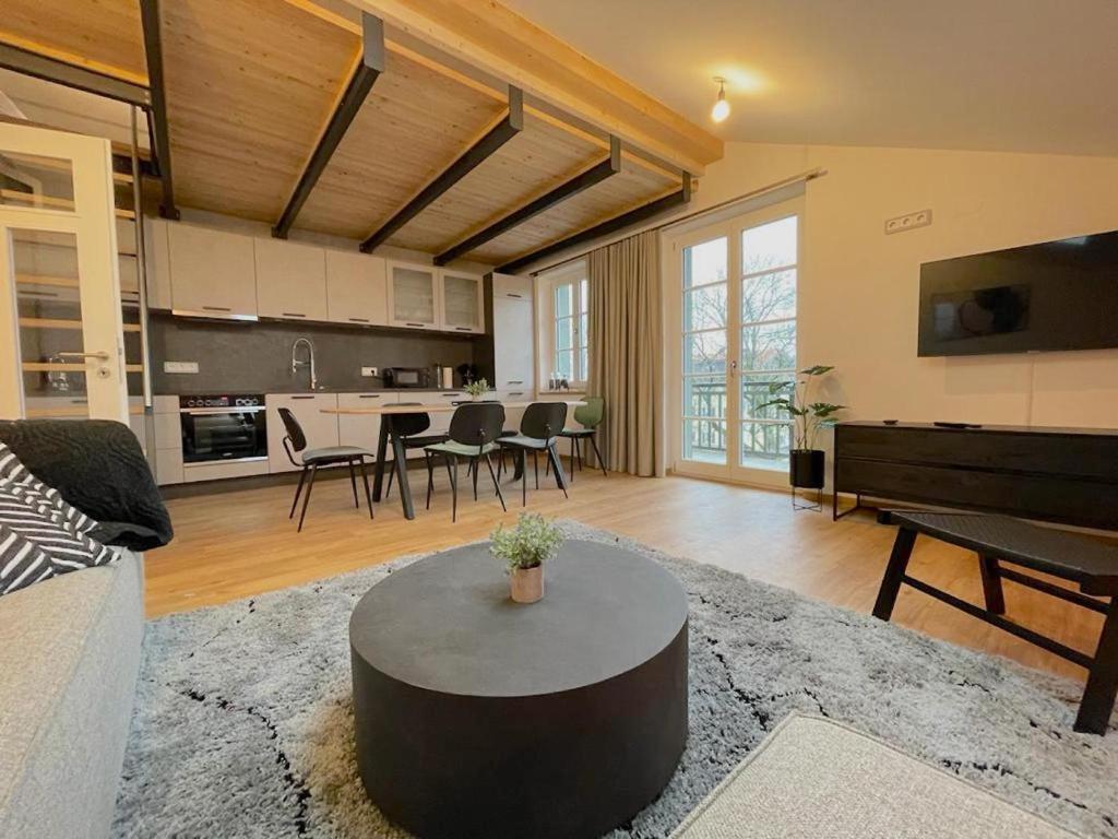 格门德蒂格斯Gmunder Premium Dachgeschoss-Apartments的客厅配有沙发和桌子