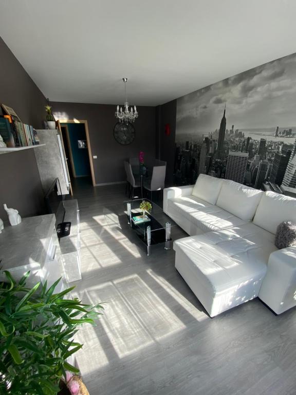 锡列达Precioso piso en el centro de Galicia.的一间带白色沙发的客厅和一个城市