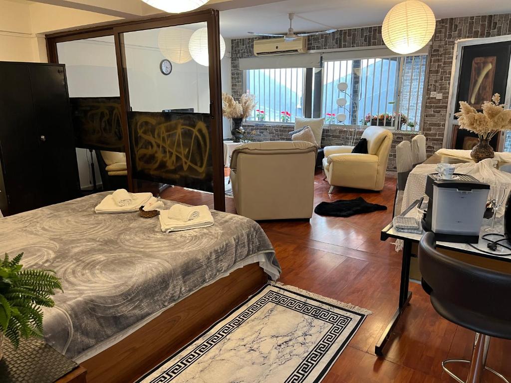 AglantziaLovely Cozy Apartment in the entrance of Nicosia的一间卧室设有一张床和一间客厅。