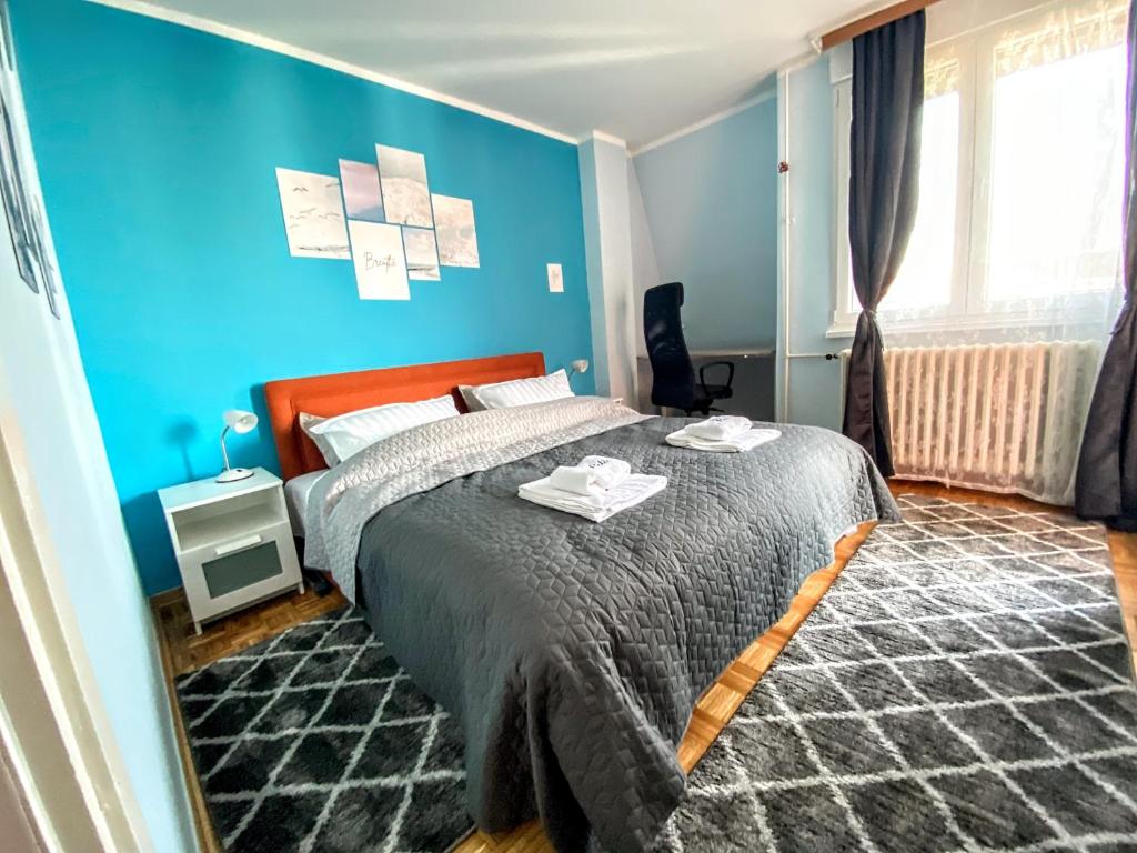 贝尔格莱德Peti的一间卧室设有一张床和蓝色的墙壁