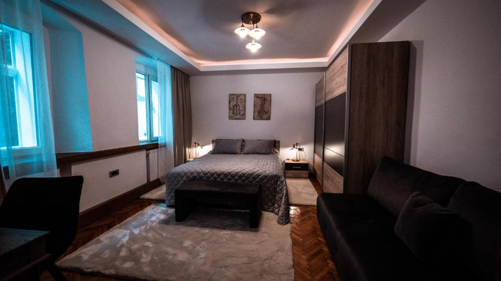 布拉索夫La Garcon的一间卧室配有一张床和一张沙发