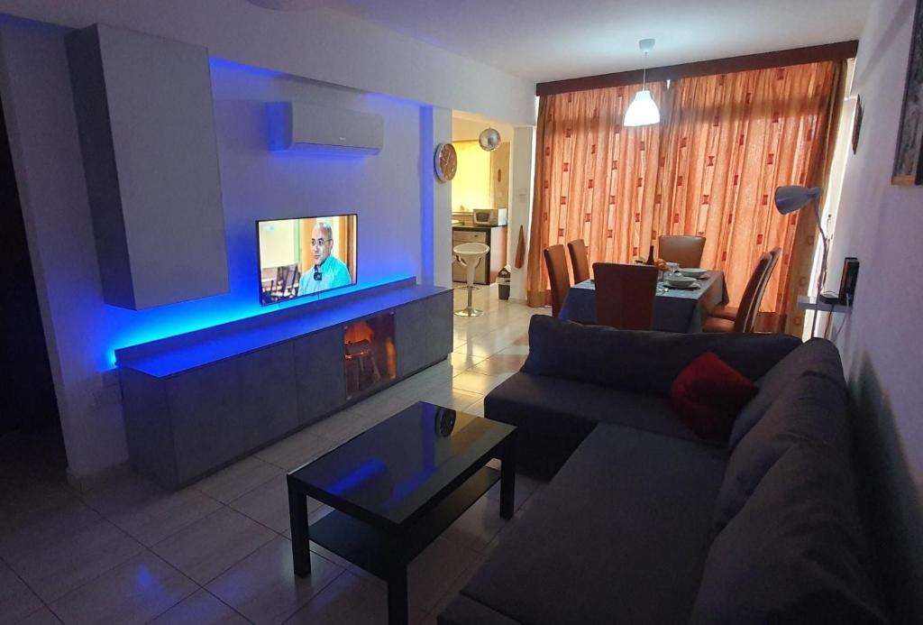 拉纳卡Vasilas Holiday Apartment #2的带沙发和电视的客厅
