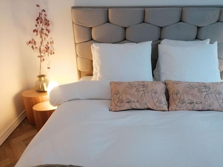那慕尔Appartement Fernand Namur的卧室配有一张带白色床单和枕头的大床。