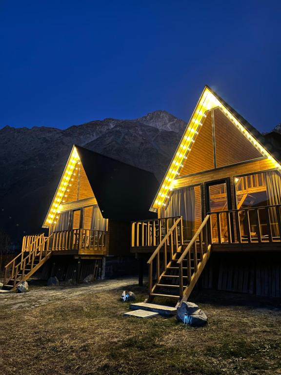 卡兹贝吉Eco cottage Kazbegi的小木屋的一侧设有灯