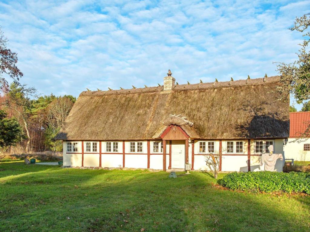 莱斯Holiday home Læsø LIII的田野上茅草屋顶的老房子