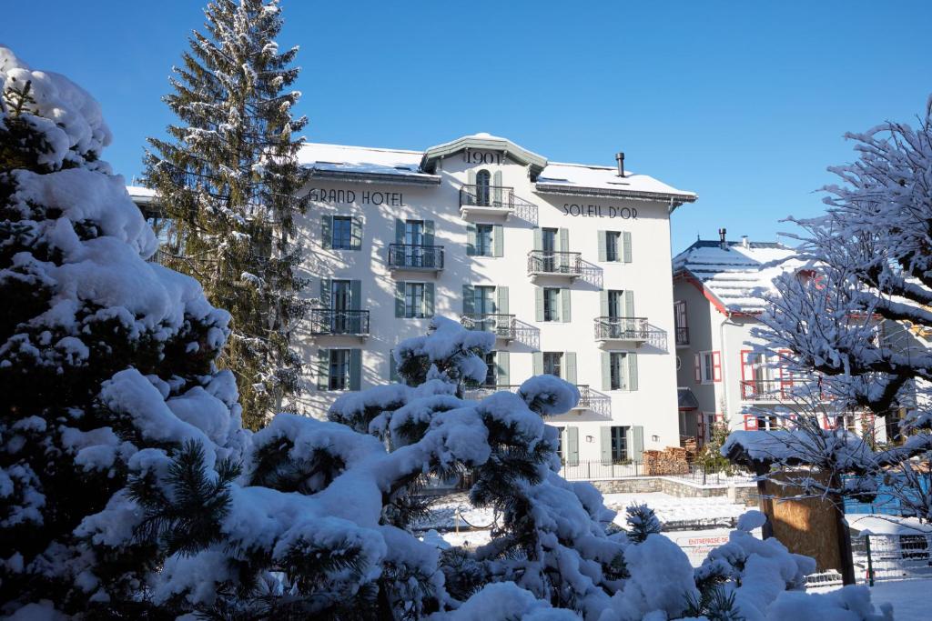 梅杰夫Grand Hotel Soleil d'Or的树前的积雪覆盖的建筑