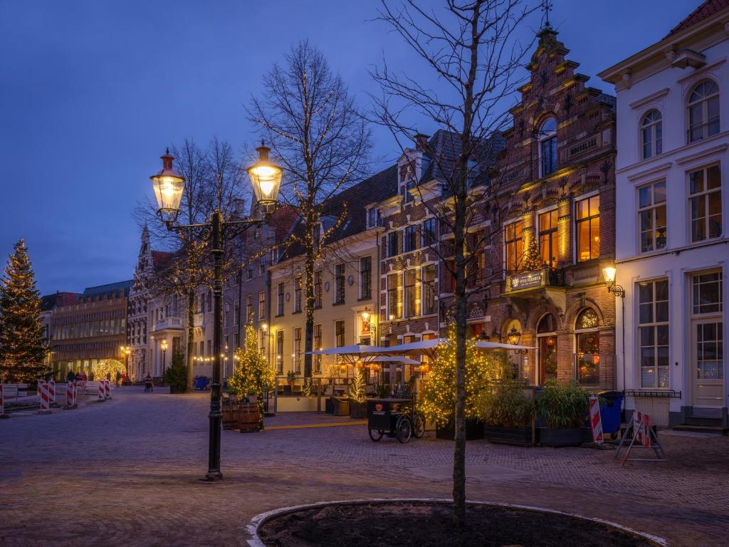 迪温特Grand Boutique Hotel-Restaurant Huis Vermeer的夜中有建筑物和树的城市街道