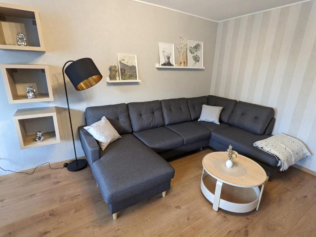 策勒Bis zu 6 Personen, Bahnhofs- & Zentrumsnah, Südheide, Netflix und PS4的客厅配有蓝色的沙发和桌子