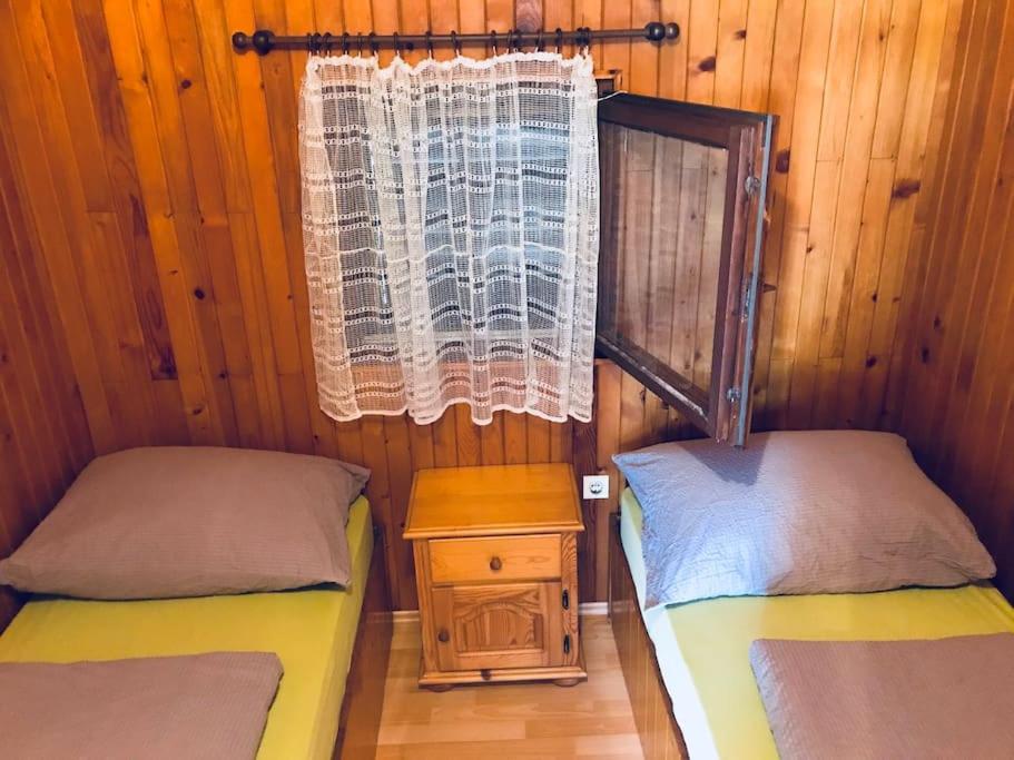 新戈里察Beautiful holiday cottage DaMa的配有2张床的带窗户和桌子的客房
